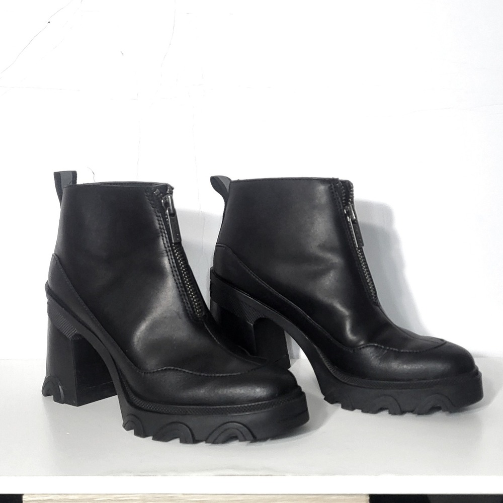 Sorel Womens Brex Boot NL5007-010 Front Zip Platform Lug Sole Black Ankle Boots